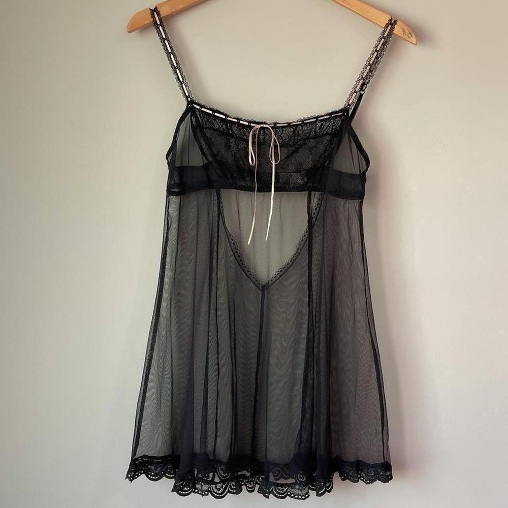 Vintage Victoria Secret Black Mesh Lace with Pink Ribbon Slip